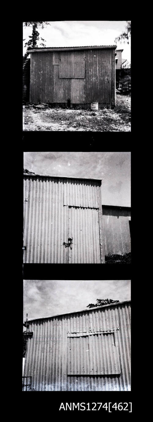 Three images, of a corrugated iron shed on Packe Island