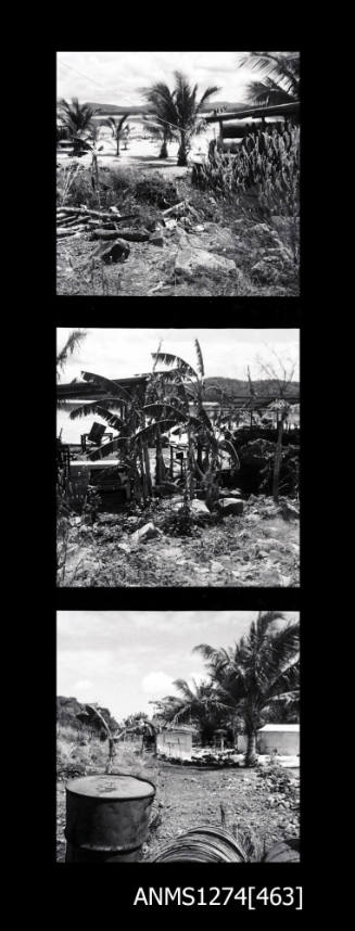 Three images, possibly of a shed, palm trees, and equipment, on Packe Island