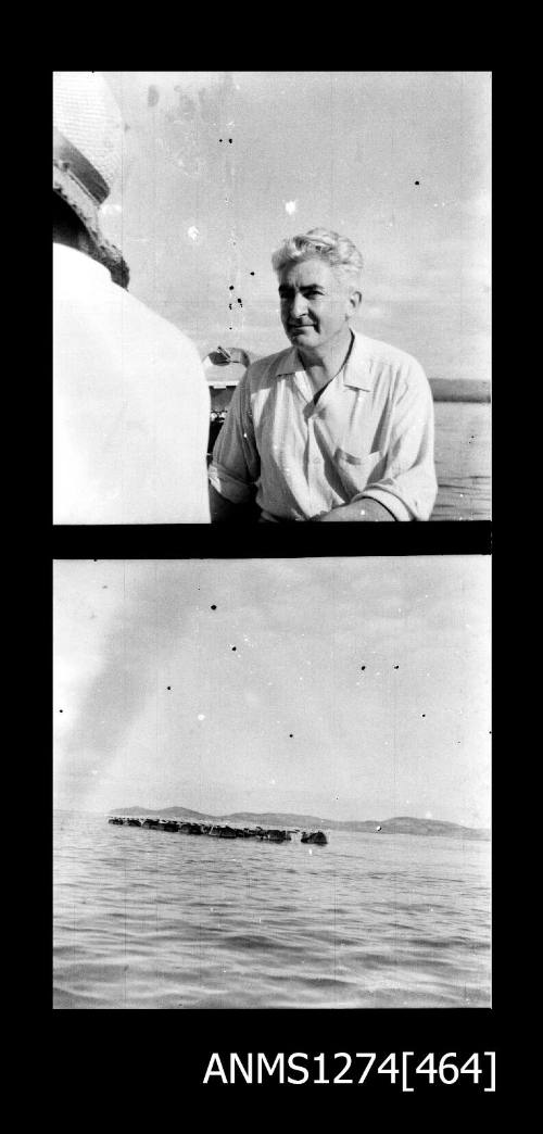 Two black-and-white negatives, joined together, of a man, and cylindrical objects floating in the water, on Packe Island