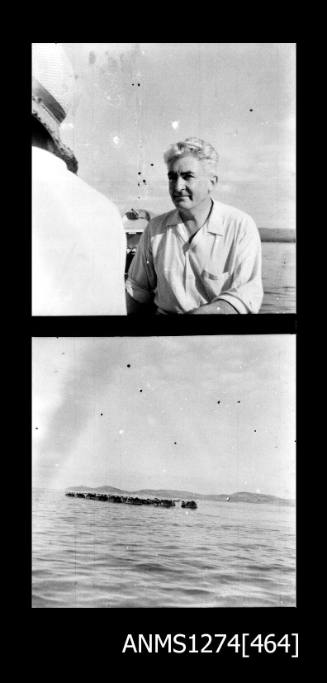 Two black-and-white negatives, joined together, of a man, and cylindrical objects floating in the water, on Packe Island