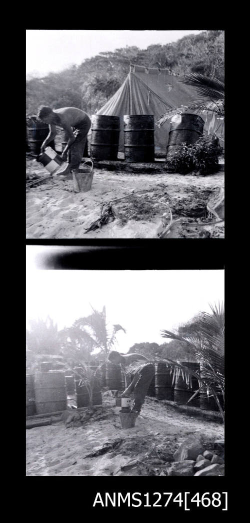 Two black-and-white negatives, joined together, of a man holding, and standing near, numerous metal containers, on Packe Island