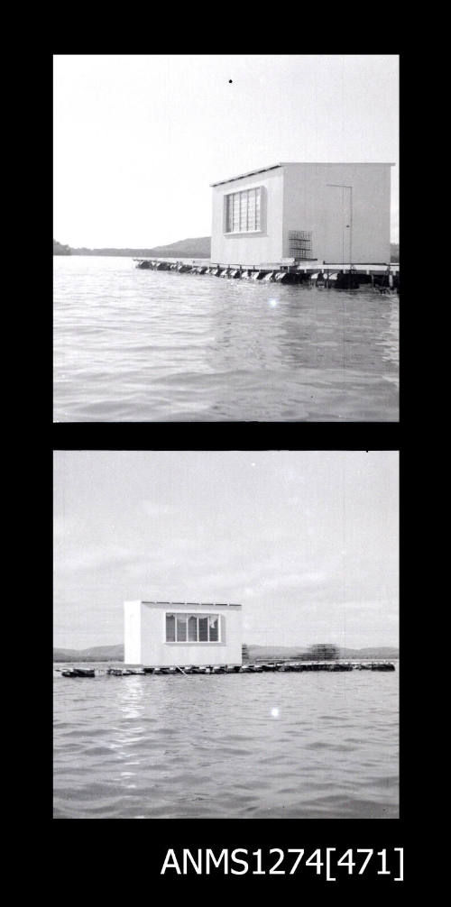 Two black-and-white negatives, joined together, of a shed floating on the water on Packe Island