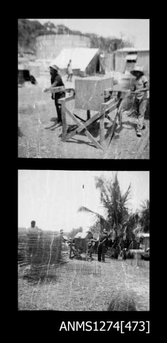 Two black-and-white negatives, joined together, of two people standing near pearl cages and other equipment, on Packe Island