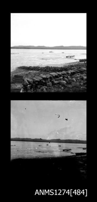Two black-and-white negatives, joined together, both showing objects, probably boats, in the shallow water near the beach, on Packe Island