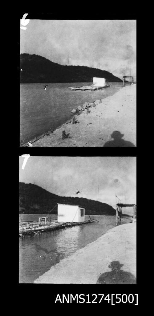 Two black-and-white negatives, joined together, both of a raft in low tide on Packe Island