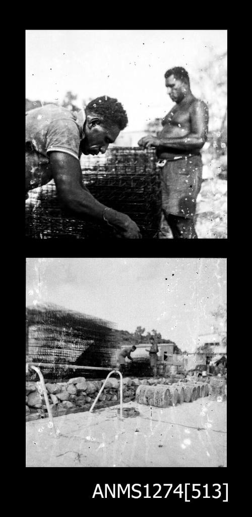 Two black-and-white negatives, joined together, of two men constructing pearl cages on Packe Island