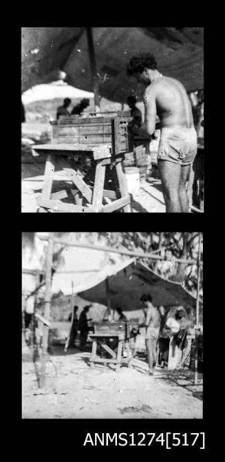 Two black-and-white negatives of men constructing pearl cages on Packe Island