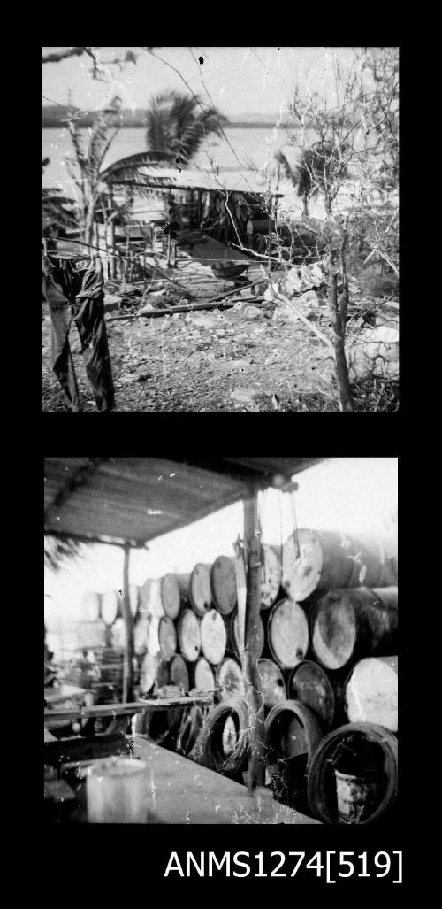 Two black-and-white negatives of metal containers and wire, and metal containers and equipment under a shade cover, on Packe Island