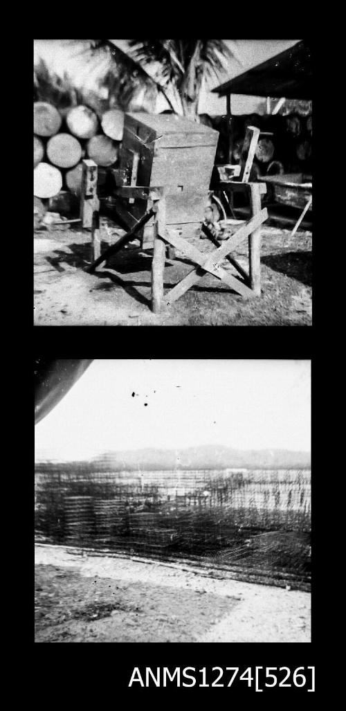 Two black-and-white negatives, of a pearl cage cleaning machine, and pearl cages, on Packe Island