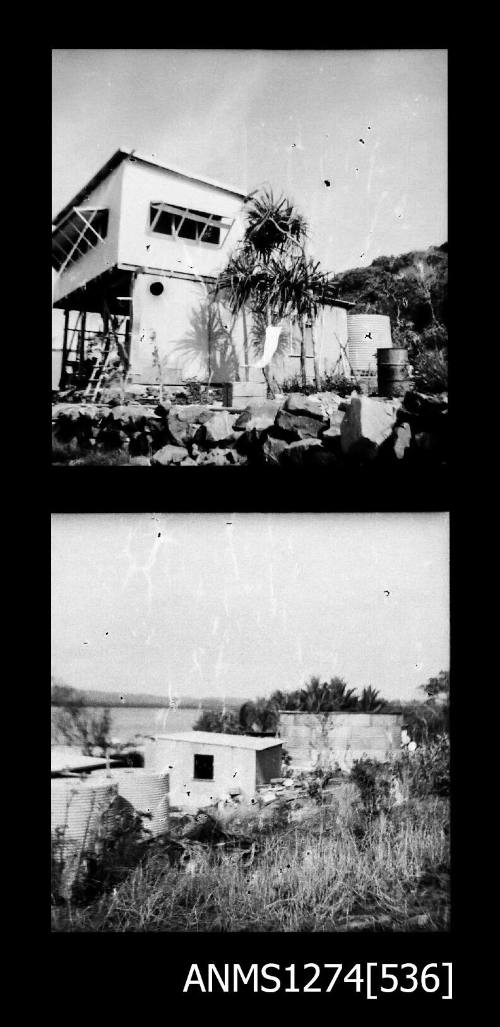 Two black-and-white negatives, joined together, the first of a house, and the second of two sheds, on Packe Island