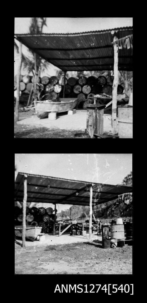 Two black-and-white negatives of a shed, with a boat and cylindrical objects underneath, on Packe Island