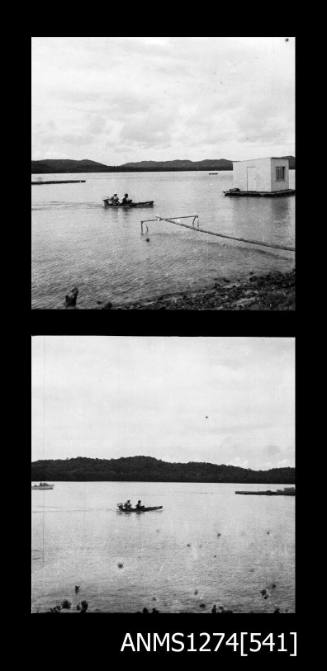 Two black-and-white negatives, joined together, of two people in a boat, next to a raft, on Packe Island