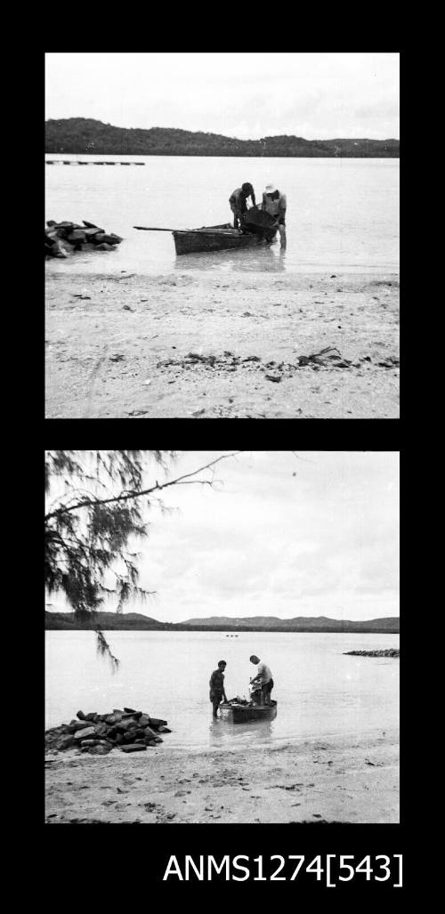 Two black-and-white negatives of two men with a boat, standing in shallow water, on Packe Island