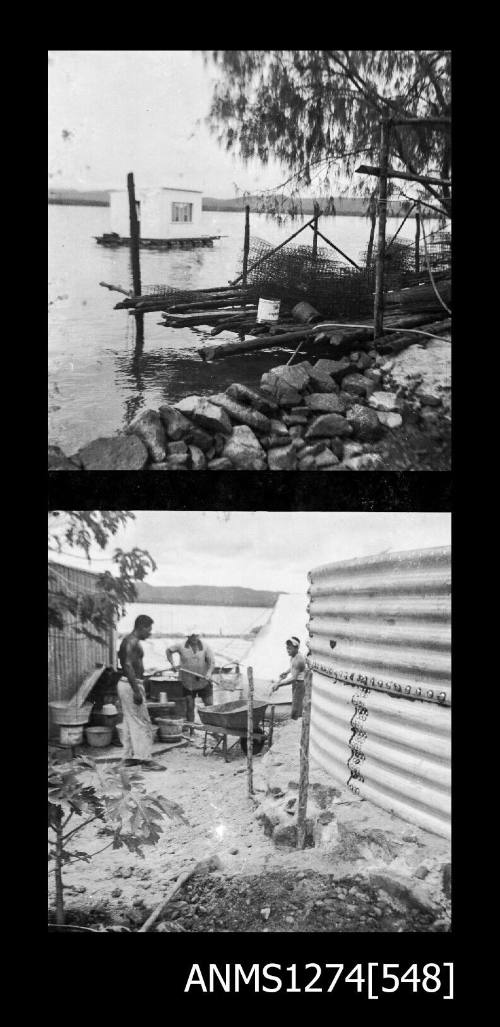 Two black-and-white negatives, the first of a raft near the shore, on which is piles of wood, pearl cages and metal containers, and the second of three people digging holes next to a large metal structure, on Packe Island