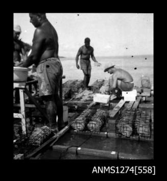 Several men working on a pearl raft on Packe Island