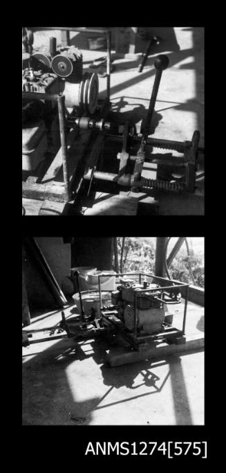 Two black-and-white negatives, joined together, of pearling tools and equipment on Packe Island