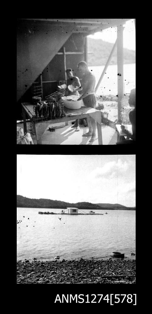 Two black-and-white negatives, the first of two people on a pearl raft, handling pearl shells, and the second of the pearl raft, on Packe Island