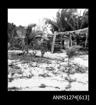 A wooden structure on a beach, surrounded by trees, on Packe Island, with a sign saying Warning Traps Set, Keep Out