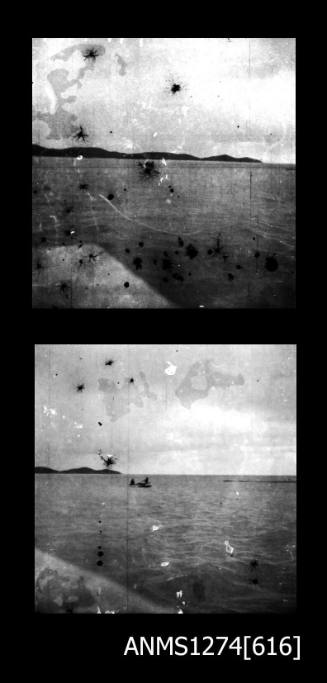 Two black-and-white negatives, joined together, of three people sitting in a boat on Packe Island, near the shoreline