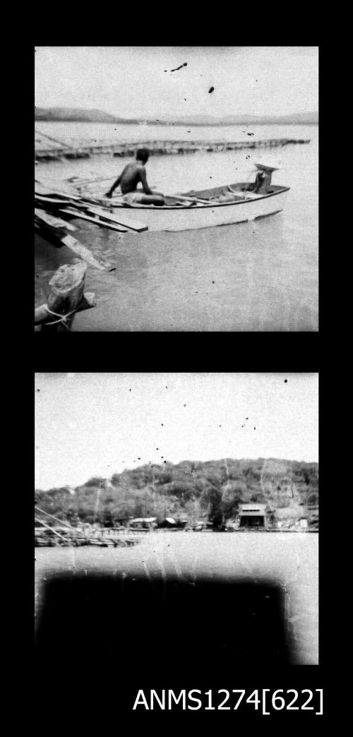 Two black-and-white negatives, joined, the first of a person in a boat, and the second of a pearl raft, both on Packe Island