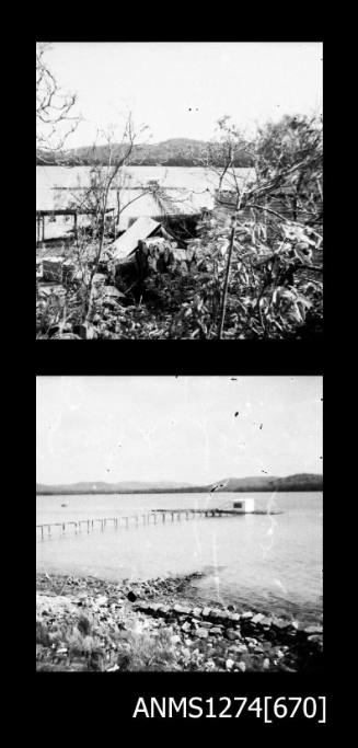 Two black-and-white negatives, joined, of a pearl raft on Packe Island