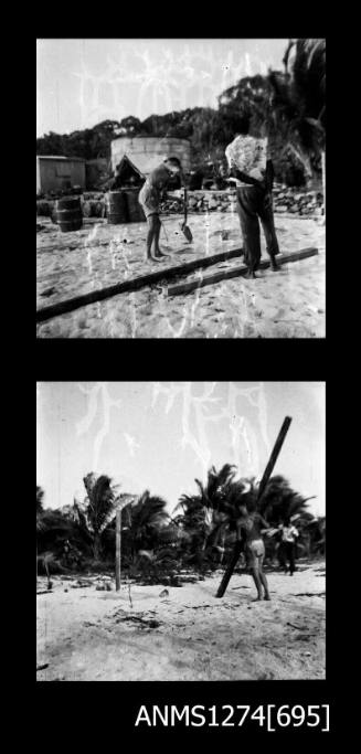 Two black-and-white negatives, the first of two men, digging a hole with a shovel, and the second of a man putting a wooden beam in the ground, on Packe Island