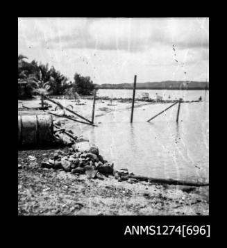 Shoreline on Packe Island, with wooden beams in the water