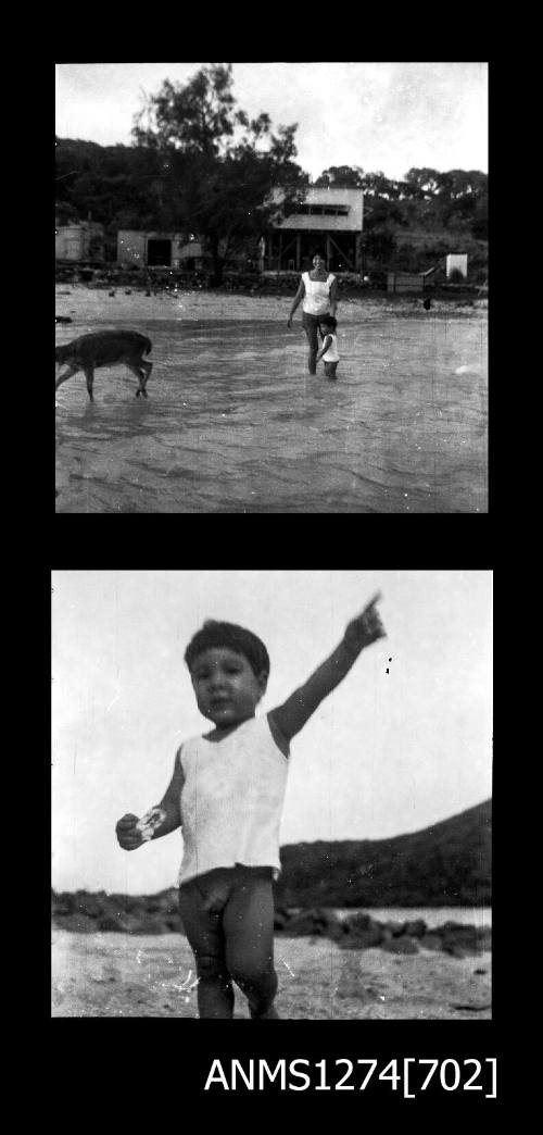 Two black-and-white negatives, the first of a woman, probably Yurie (or Yulie) George, a young boy and a deer in shallow water on Packe Island