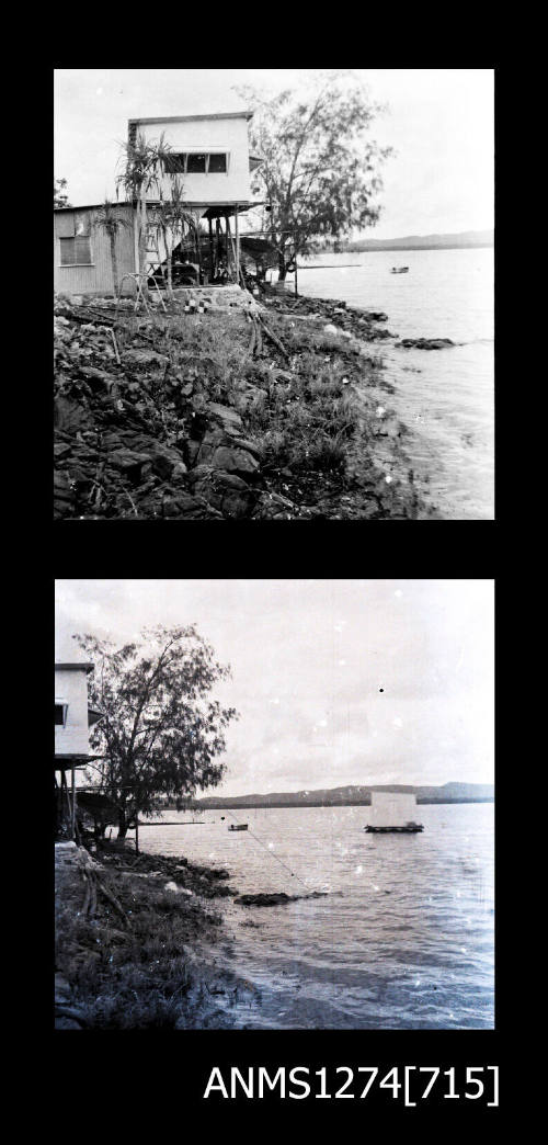 Two black-and-white negatives, joined together, of a building on the shoreline on Packe Island