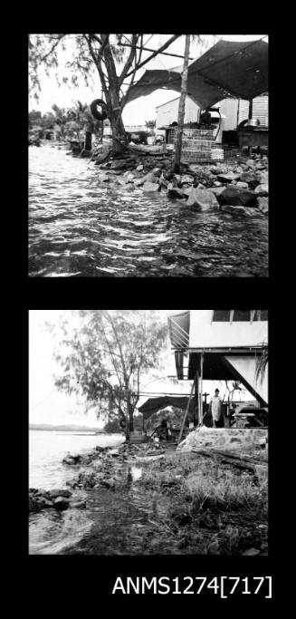 Two black-and-white negatives, joined together, both of a shade cover next to a house, with pearl cages and other equipment underneath, on Packe Island