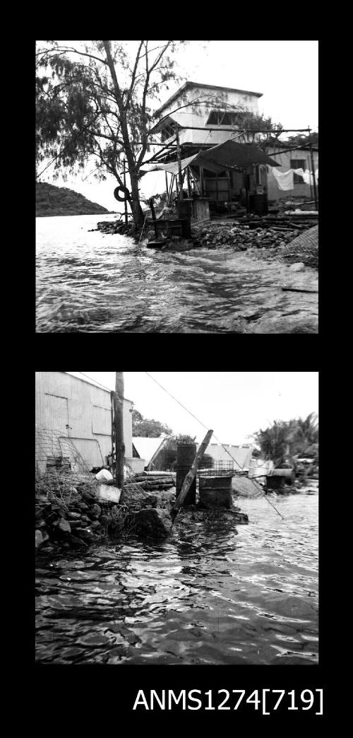 Two black-and-white negatives, joined together, the first of a two storied house and shade structure on the shoreline, and the second of a pile of equipment, including pearl cages, on the water line, on Packe Island