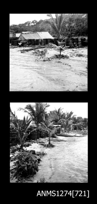 Two black-and-white negatives, joined together, of metal cylindrical containers on a beach on Packe Island, alongisde numerous palm trees