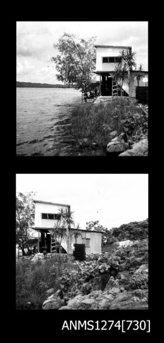 Two black-and-white negatives, joined together, both of a two storey house on Packe Island