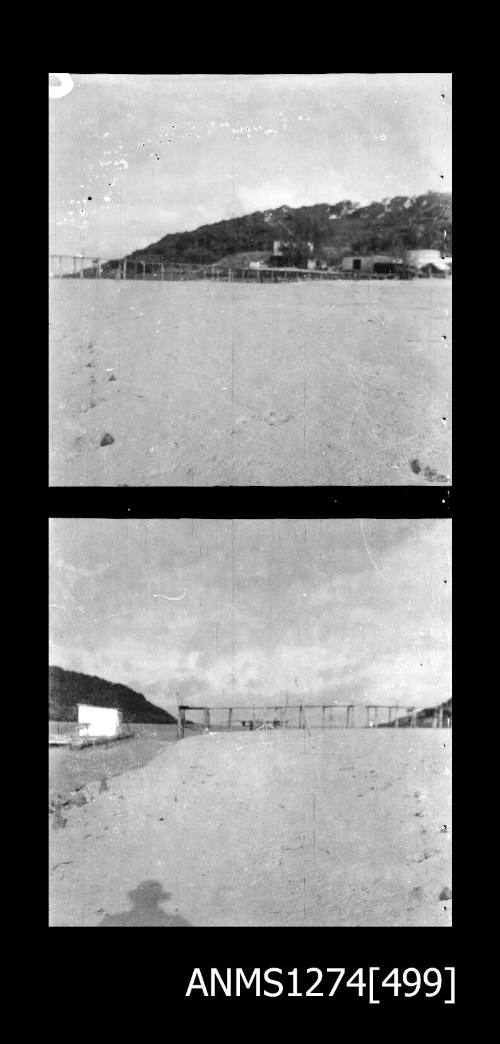 Two black-and-white negatives, joined together, both of a raft in low tide on Packe Island