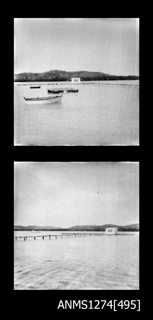 Two black-and-white negatives, joined together, both of a raft in the water on Packe Island