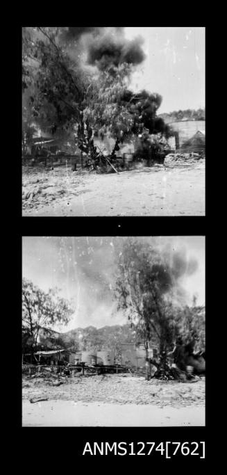 Two black-and-white negatives, joined together, of smoke amongst the trees, on Packe Island