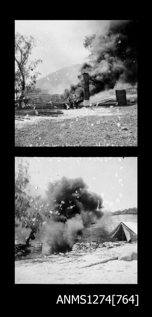 Two black-and-white negatives, joined together, both of a fire on Packe Island