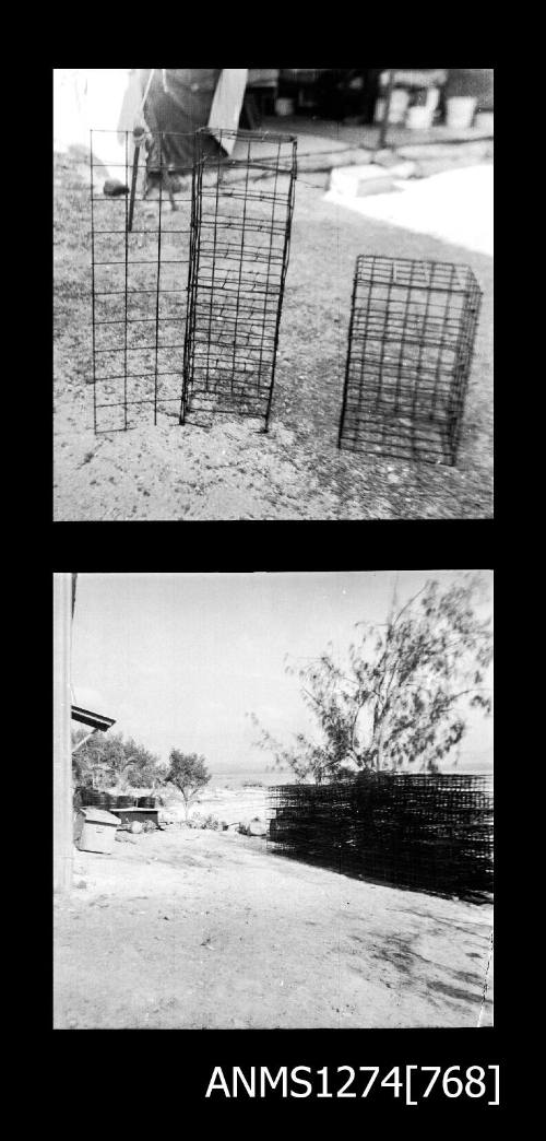 Two black-and-white negatives, joined together, the first of two separate pearl cages, and the second of a large pile of pearl cages, on Packe Island