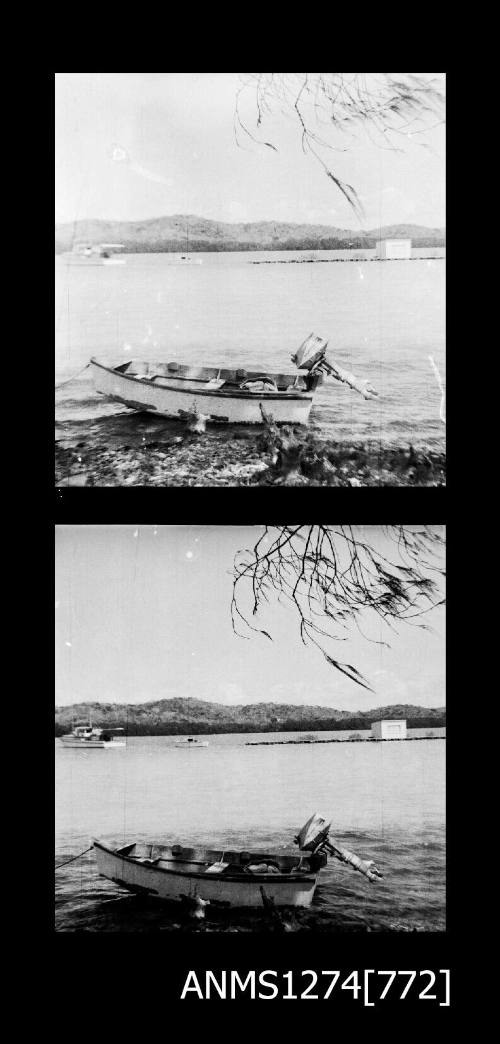 Two black-and-white negatives, joined together, of a boat on the shoreline, and a pearl raft and boat in the water, on Packe Island