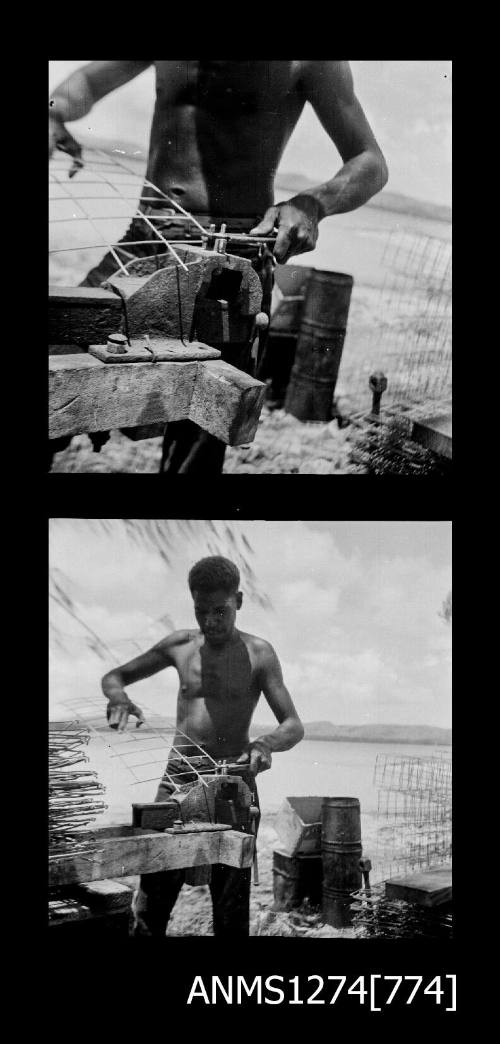 Two black-and-white negatives, joined together, of a man possibly making a wire pearl cage, on Packe Island