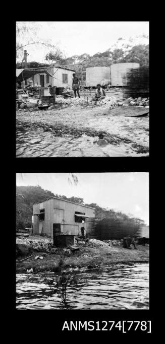 Two black-and-white negatives, joined together, the first of people working near a shade cover, next to a shed, on Packe Island, the second is of a shed next to a large pile of pearl cages