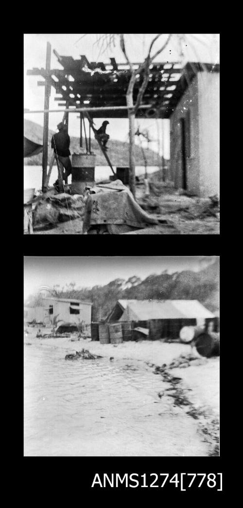 Two black-and-white negatives, joined together, he first of sheds and equipment on the shoreline on Packe Island, and the second of people standing under a partially constructed shade cover