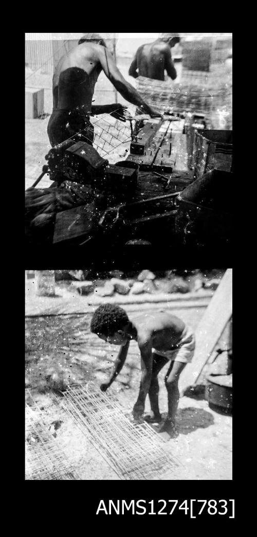 Person constructing pearl shell cages on Packe Island