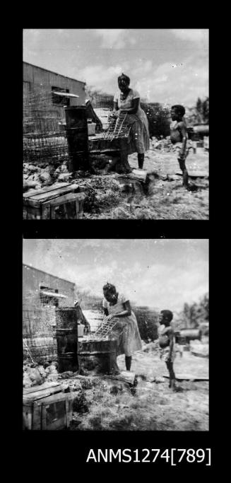 Two black-and-white negatives, joined together, of a woman and child constructing pearl shell cages on Packe Island