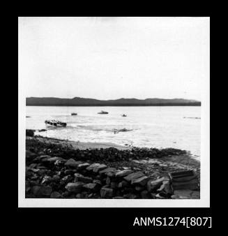 Photograph, possibly of a pearl raft and boats in the water on Packe Island