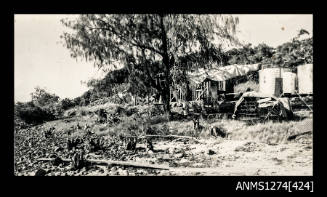 A pebble beach, with sheds, on Packe Island