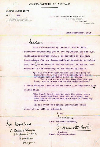 Letter from Captain Haworth Booth to Mrs Woodland informing her that the loss of the AE1 was due to acciden