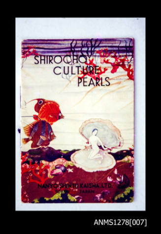 35mm colour transparency of the front of a book, titled Shirooho Culture Pearls, and including illustrations of a woman in a pearl shell, fish and coral