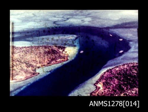 35mm colour transparency of a river, or lake, surrounded by land