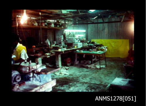 35mm colour transparency of the inside of a work shed